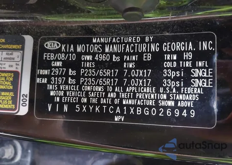 2011 Kia Sorento Lx from USA, damaged, VIN 5XYKTCA1XBG026949